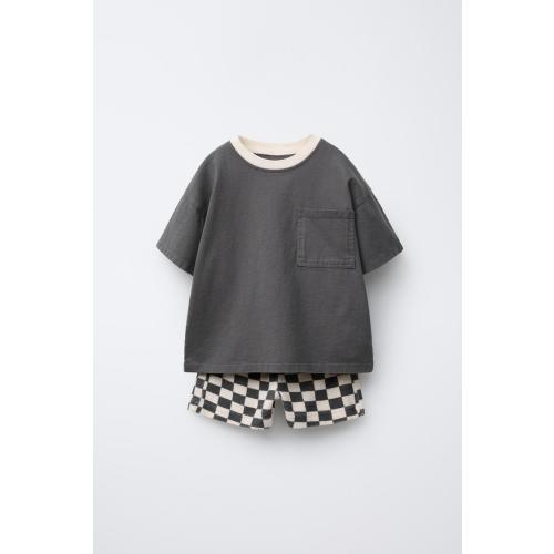 CHECKERBOARD T-SHIRT AND BERMUDA JOGGING SET - Ecru / Khaki | ZARA United States