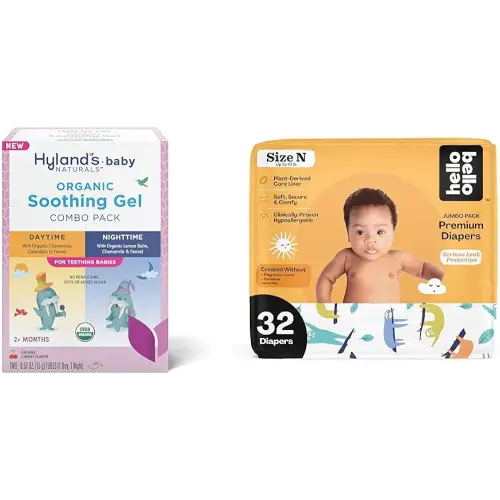 Hyland's Baby - Organic Day/Night Soothing Gel Combo Pack, Natural Relief of Oral Discomfort (2 Tubes of 0.53 oz.) + Hello Bello Premium Baby Diapers Size Newborn, 32 Count
