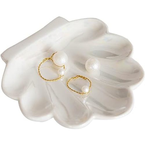 Shell Trinket Dish, Ceramic Ring Holder/Jewelry Tray, Cute Organizer Plate Vanity Decorations Accessories for Home Décor Bathroom
