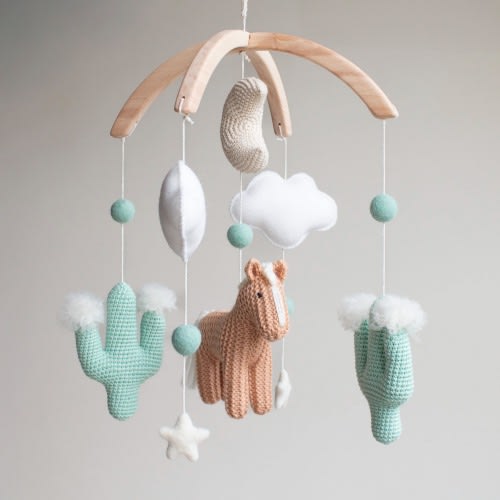 Western baby mobile with tan horse & mint cactus: cowboy nursery decor handmade in UK