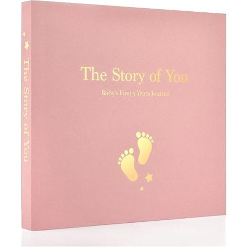 Baby Memory Book First 5 Year Boy or Girl Keepsake Journal Photo Albums Scrapbook, Gifts for Baby Shower First Time Mom New Parents (Footprint - Pink)