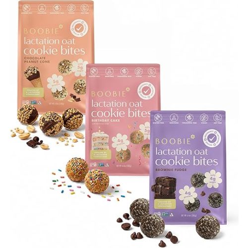 Boobie Lactation Cookies, Birthday Cake + Chocolate Peanut Cone + Brownie Fudge Variety Pack | New Formula | Gluten-Free, Dairy-Free, Soy-Free Plant-Based Protein + Prebiotics | 7 Servings per pack, 3 Packs