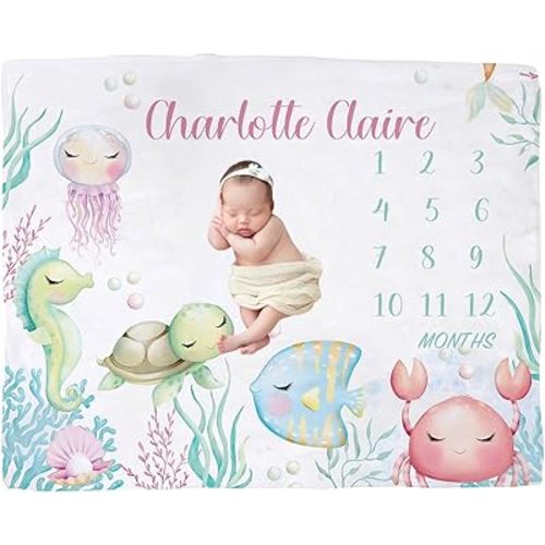 Personalized Sea Animals Baby Milestone Blanket for Girls - Custom Name Newborn Nursery Blanket with Monthly Growth Tracker, Soft for Keepsake Photo