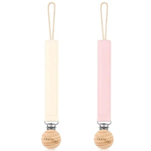 BebeBiu Baby Pacifier Clip, 2 Pack Fabric Pacifier Clips, Super Soft Fabric Strap with Wooden Clip, Pacifier Clips for Baby Girl & Boy (Cream/Blush)