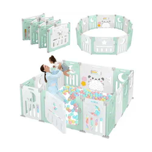 Baby Playpen, Dripex Baby Playard for Babies and Toddlers, 14-Panel Foldable Playpen Adjustable Portable Play Area, Indoor/Outdoor Kids Active Center with Game Panel & Safety Gate, Light Green White