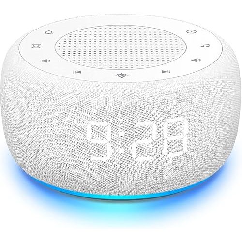 Buffbee Sound Machine & Alarm Clock 2-in-1, 0-100% Clock Face Brightness, Bottom Colored Light, Sleep Timer, Precise 30-Level Volume Control White Noise Machine - White