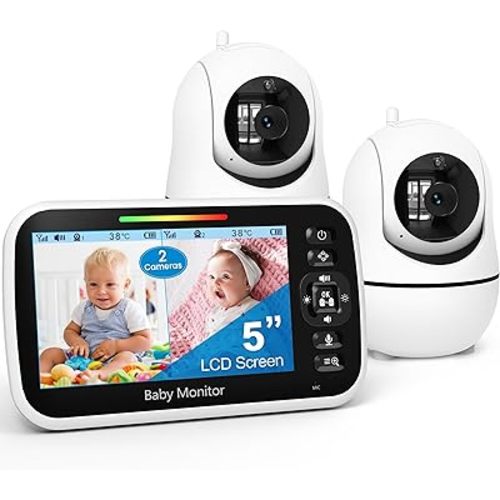 GoodBaby 5" Split Screen Baby Monitor with 2 Cameras and Audio, No WiFi Secure FHSS, 30-Hour Battery, Remote PTZ, Auto Night Vision, Room Temperature, Two-Way Audio，Lullabies，1000ft Range