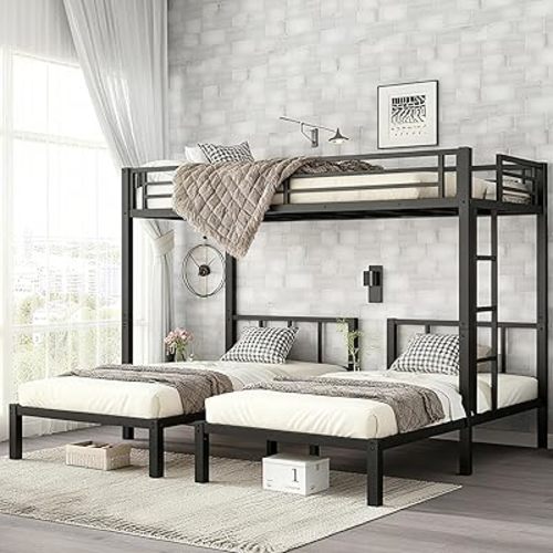 Bellemave Triple Bunk Bed for Kids, Detachable Twin Over Twin Over Twin Metal Bunk Bed with Guardrails, Ladder & Storage, Converts to 3 Separate Twin Beds, Easy to Assemble (3 Bunk Beds for Kids)