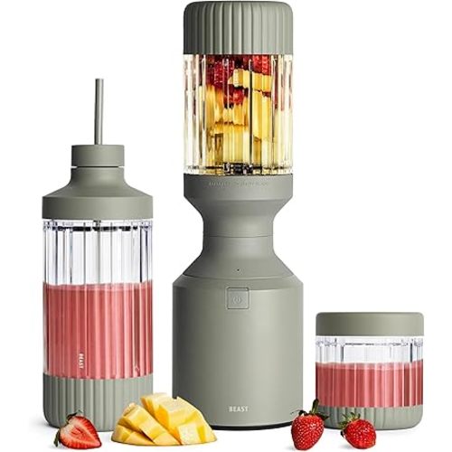 Beast Mega 1200 Plus | Premium Countertop Blender | Smoothies, Shakes, Sauces, Dips, Soups | Blends Ice and Frozen Fruit | XL Vessel | With Extra Vessels, Straw System | 1200W | (Sage, 120V)