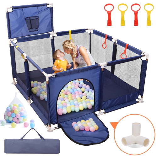 JoyStone 50 x 50 Baby Playpen with 30 Ocean Balls, Soft Mesh Sides, Basketball Hoop & Pull Rings, Indoor Baby Fence for Toddlers, Blue