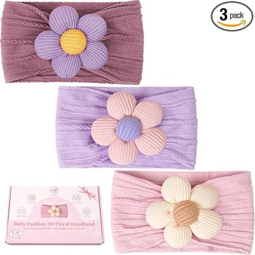 CÉLLOT Baby Flower Headbands Baby Girls Nylon Headbands Soft Elastic Hairbands Hair Accessories for Newborn Infant Toddler Kids (Violet,Cameo,Pink)