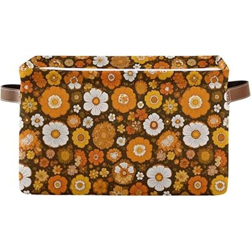 Aslsiy Storage Basket Orange 60s 70s Style Nursery Bins Retro Floral Baby Box Canvas Clothes Shelf Basket Laundry Hamper Gift Baskets for Home Closet 1 Pcs