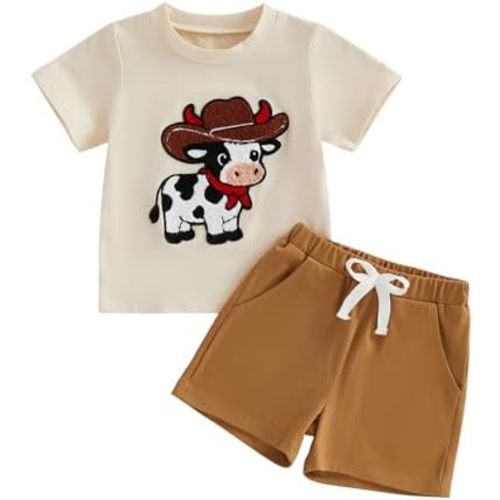 Sasaerucure Infant Toddler Baby Boy Western Outfit Short Sleeve Cow Print Shirts with Shorts 2Pcs Summer Clothes
