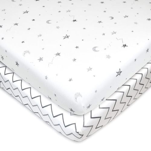 American Baby Company 2 Pack 100% Natural Cotton Fitted Pack and Play Sheets 39" x 27" - Soft & Breathable Pack N Play Sheets for Playard & Mini Crib Mattress, Grey Stars/Zigzag, for Boys & Girls
