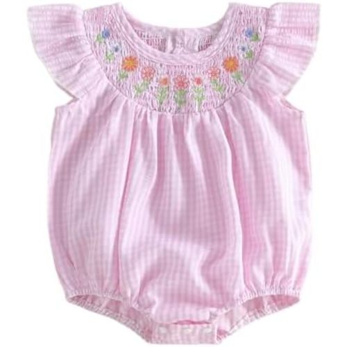 Yuemengxuan Newborn Baby Girl Summer Outfit Floral Embroidery Flying Sleeve Striped Bubble Romper Smocked Onesie