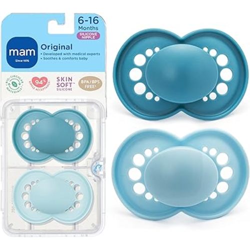 MAM Original Matte Baby Pacifiers 6-16 Months, Binky for Newborn Babies, BPA-Free Skin Soft Silicone Nipple, Easy to Clean, Developed with Medical Experts, 2 Count, With Sterilizer Case Made in Europe