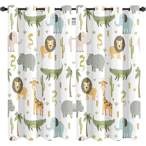 MESHELLY Baby Safari Animals Blackout Curtains 52Wx63H Inch for Boy Bedroom Grommet Pair Kids Woodland Jungle Lion Elephant Art Printed Curtains for Nursery Living Room Window Treatment Fabric