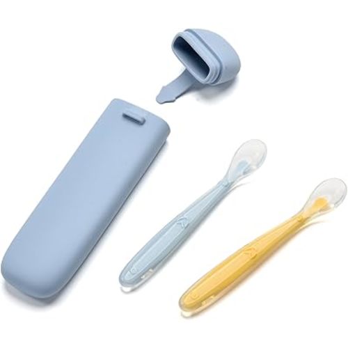 Silicone Baby Spoons for Baby Led Weaning, Spoons with Storage Box，Feeding Spoons for First Stage Baby Dishwasher Safe (Blue)