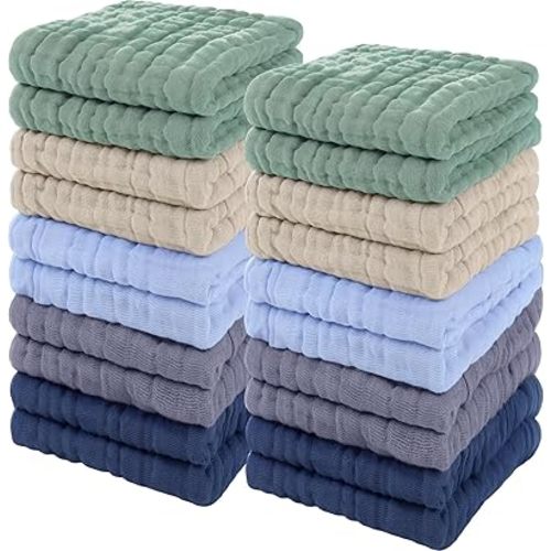 Breling 20 Pcs Baby Muslin Washcloth 12 x 12 Inch 100% Cotton Soft and Absorbent Muslin Washcloth Burp Cloth Wipe Newborn Face Towel for Baby Boy Girl Sensitive Skin(Dark Colors)
