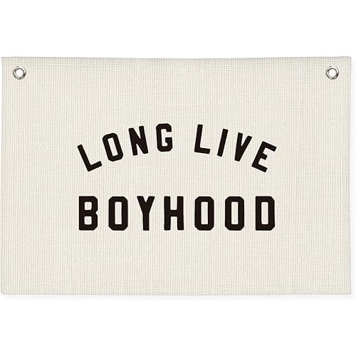 "Long Live Boyhood" Wall Banner 20x30 Inch - Boys Room Decor, Linen Canvas Wall Hanging for Toddler Playroom, Rustic Nursery Sign, Adventure Theme Kids Bedroom Banner - White