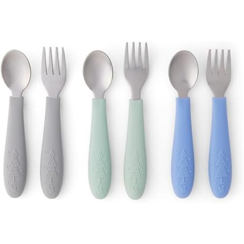 Elk and Friends Kids Silverware with Silicone Handle | Childrens Safe Flatware | Toddler Utensils | Baby Spoons + Forks | Stainless Steel Cutlery | Dishwasher Safe | 6 Pieces