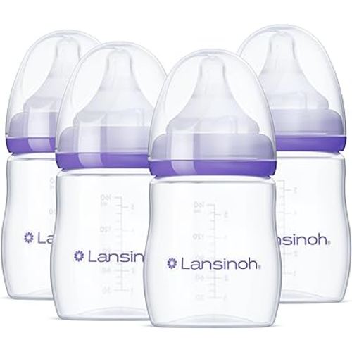 Lansinoh Anti-Colic Baby Bottles, BPA-Free Plastic, 5 Ounces, 4 Count, Extra Slow Flow Nipples (Size XS), Breastfeeding Bottle with NaturalWave Design