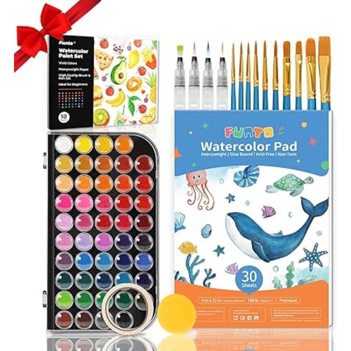 Funto Watercolor Set, 48 Color Paint Set, 10 Brushes, 30 Page Pad(9"x12"), 4 Refillable Pens & More, Painting Kit for Kids, Adults, Beginners