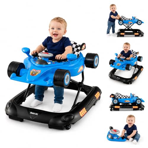 HONEY JOY Baby Walker, 4-in-1 Foldable Infant Activity Push Walker, Toddler Car Walker w/Adjustable Heights, Music, Lights, Removable Tray, Baby Walker with Wheels for Boys Girls 7-14 Months (Blue)