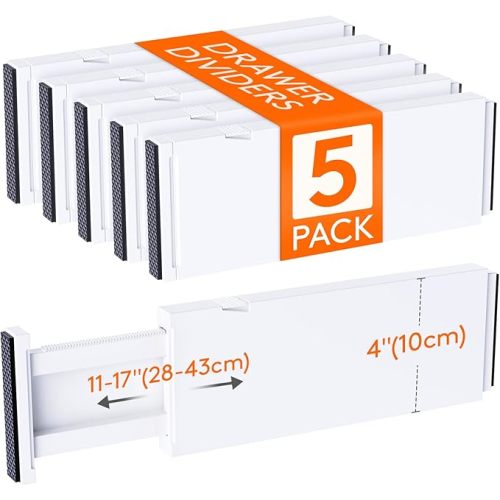 Lifewit 5 Pack Drawer Dividers 4" High, 11-17" Adjustable Dresser Drawer Organizers for Clothes, Expandable Dresser Separators in Bedroom/Bathroom/Kitchen/Vanity/Office Organization and Storage, White