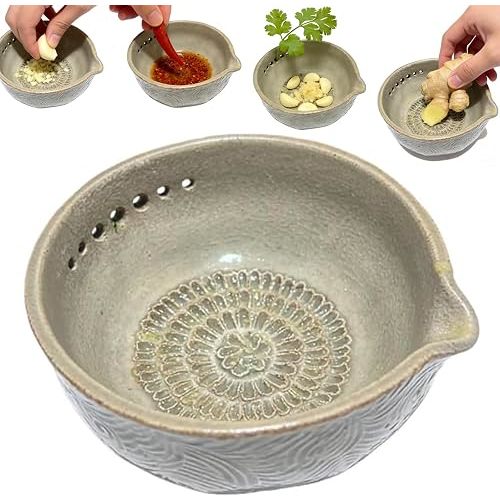 Handmade Pottery Garlic Grater Herb Stripper Bowl, 2-in-1 Ceramic Herb Stripper and Garlic Grater Bowl, Different Sizes of Round Holes, Kitchenware for Root Removal