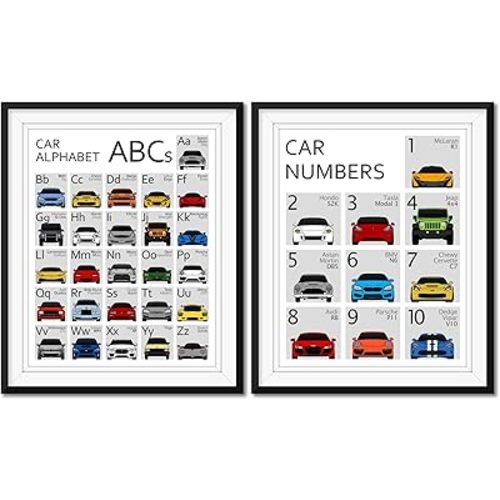ABC and 123 Car Poster SET - Handmade Print of A to Z and 1 to 10 - (8x10" Satin Print (Unframed) - Gift for Car Enthusiast