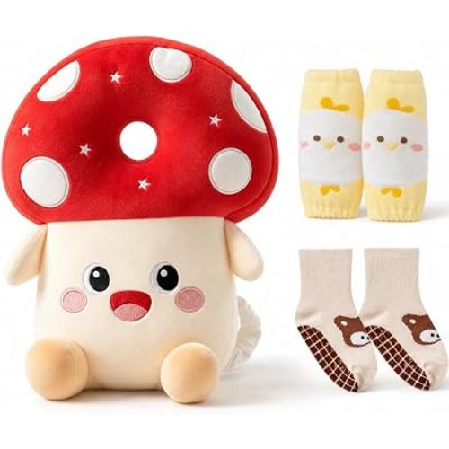 Baby Walker Head Protector Backpack Wear,Toddler Adjustable Baby Head Protection Backpack for Safety Baby Learning Walking Crawling (Red Mushrooms)