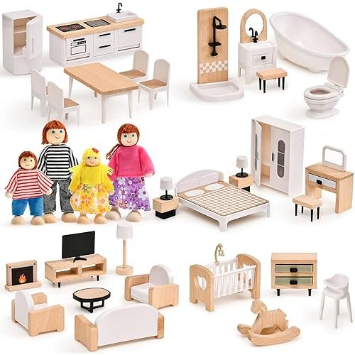 Toyssa Dollhouse Furniture Set, 36PCS Beech Wood and Plastic Miniature Doll House Accessories with Modern 5 Rooms & 4 Flexible Family Dolls, Pretend Play Toys Birthday Gift for Toddlers 3 4 5 6