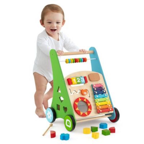 TopComfy Baby Walkers Multifunctional Wooden Baby Walker Activity Center Xylophone Shape Sorter Mirror For Baby, Multicolored, 13.98"*10.04"*10.04"