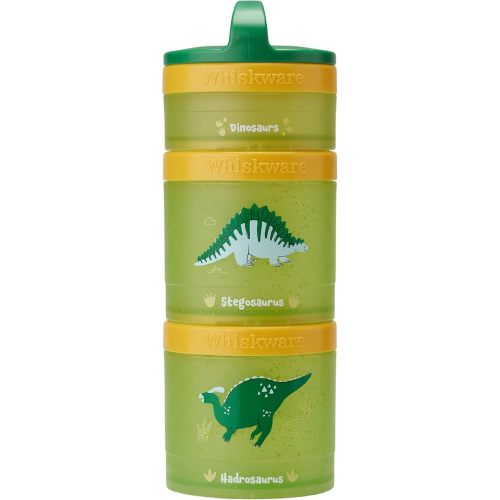 Whiskware Dinosaur Stackable Snack Containers for Kids and Toddlers, 3 Stackable Snack Cups for School and Travel, Green/Orange