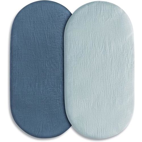 Muslin Bassinet Fitted Sheets, 2 Pack for Baby Boy and Girl, Soft Breathable Stretchy Baby Pad/Mattress Sheet Set, Universal Fit for Hourglass Oval and Rectangle Bassinet Mattress (Bright Colors)