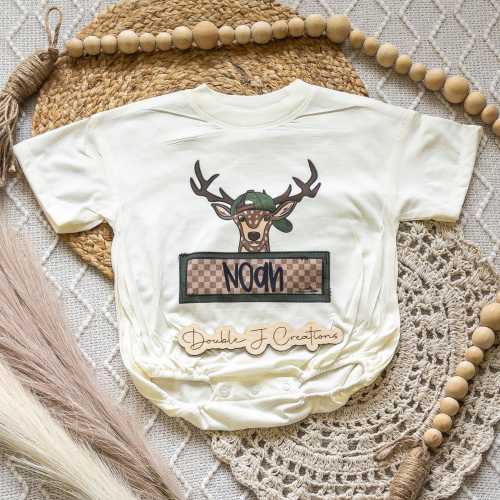 Deer Name Boy Bubble Romper Bodysuit, Personalized Buck Hunting Tee, Custom Kid's Hunting Baggy Romper, Deer Name Tee, CPSC Compliant