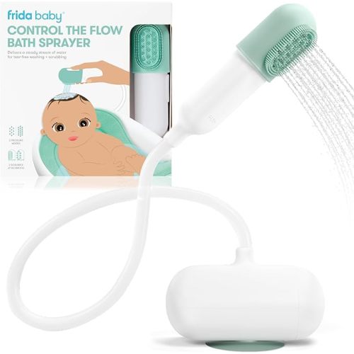 Frida Baby Control the Flow Bathtub Sprayer Attachment for Baby Bathtub, Baby Bath Shower Head with Scalp Massager, Control Waterflow with 2 Pressure Modes, Storage Caddy Holds 1 Gallon of Clean Water