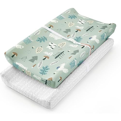 TILLYOU Changing Pad Cover Set in Soft Jersey Material - Fits 32"/34''x16 Contoured Pad for Babies, Jungle Walk and White Stripes