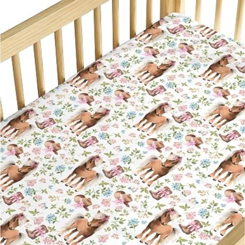 Baby Girls Standard Crib Sheet Western Cowgirl Pony Floral, Horse Pink Flower Hat Boot Snug Fitted Mattress Covers, Soft Stretchy Breathable Nursery Kids Toddler Bed Decor Shower Gift 52 x 28