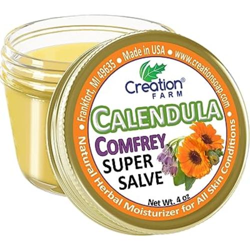 Calendula Comfrey Super Salve by Creation Farm, Herbal Balm, Moisturizer, and Ointment with No Gluten, Soy, GMO or Parabens, Made in USA Comforts many issues.