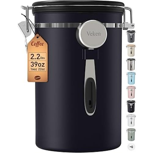 Veken Coffee Canister, 39OZ Large Christmas Coffee Lovers Gift Basket Set,Airtight Stainless Steel Food Storage Kitchen Container Gifts for 2.2lbs Beans, Ground, Sugar, Tea, Flour, Cereal,Scoop,Black