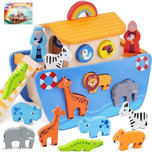 KMTJT Toddlers Wooden Noah's Ark Toy for 1 2 3 Boys Girls Baptism Gifts
