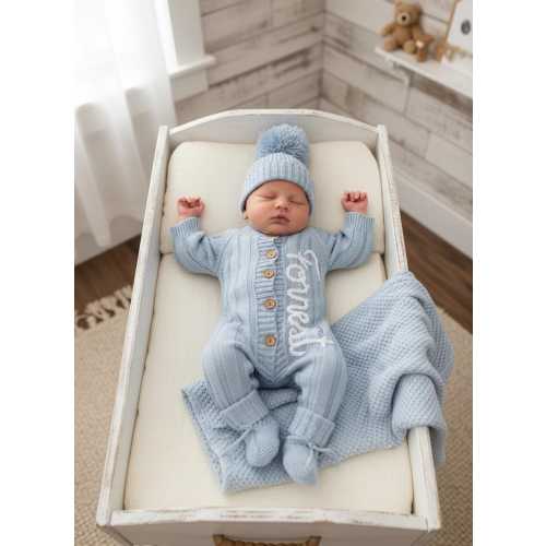 Personalized Newborn Baby Boy Outfit: Embroidered Name Sweater Knit Romper, Booties, Toboggan Hat Set