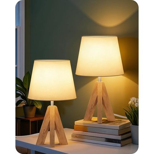 Wood Bedside Lamps Set of 2, Small Tripod Table Lamp, Modern Nightstand Lamp with Fabric Shade, Boho Bedside Wood Desk Lamp for Bedroom, Kids Room, Living Room, Study, White W51TLP205