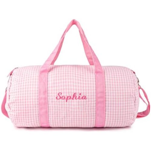MT WORLD Girls Dance Duffle Personalized for Kids - Monogram Seersucker Toddler Overnight Travel Weekender Sleepover Bag With Removable Strap - Custom Child Gift (Pink)