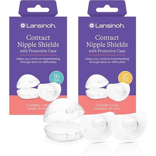 Lansinoh Contact Nipple Shields for Nursing Mothers, Ultra-Thin Soft & Flexible Medical-Grade Silicone Shields for Sensitive Nipples, Latch-On Support, with Protective Case, 16mm + 20mm, 4 Count