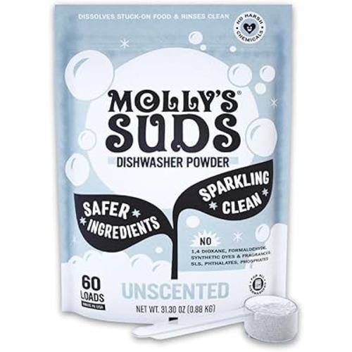 Molly's Suds Dishwasher Powder | Clean Dishwasher Detergent, Cuts Grease & Rinses Clean (Residue-Free) for Sparkling Dishes | 60 Loads (Unscented)