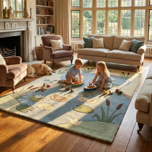 Whimsical Duck & Lily Pad Wool Rug 5x7