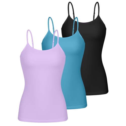 Charmo 3-packs Cotton Scoop Neck Tank Tops for Womens Adjustable Spaghetti Strap Undershirts Basic Camisole with Shelf Bra